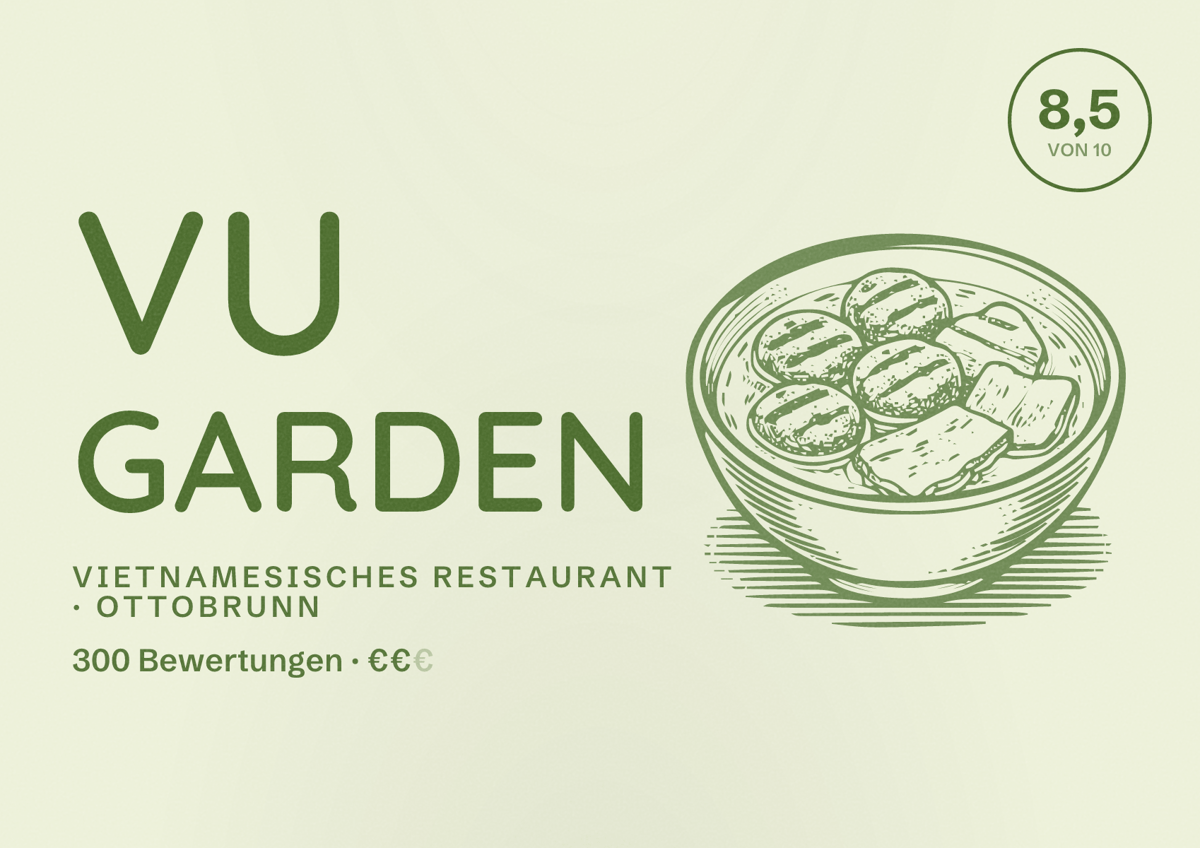 Illustriertes Poster von Vu Garden, Vietnamesisches Restaurant in Ottobrunn: Bewertung 8,5 von 10 aus 300 Bewertungen, Preisniveau €€