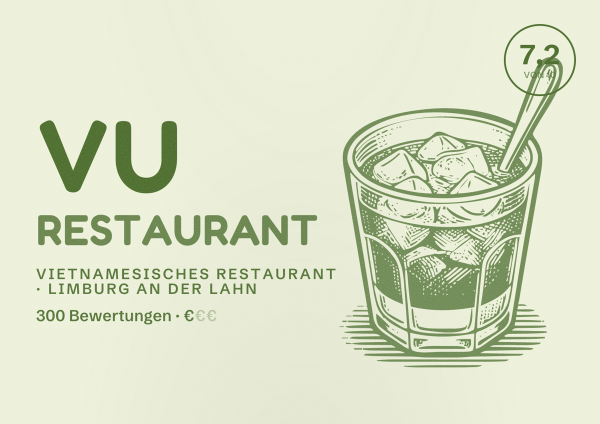 Illustriertes Poster von Vu Restaurant, Vietnamesisches Restaurant in Limburg an der Lahn: Bewertung 7,2 von 10 aus 300 Bewertungen, Preisniveau €