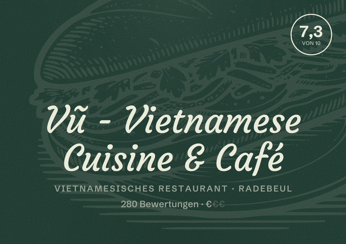 Illustriertes Poster von Vũ - Vietnamese Cuisine & Café, Vietnamesisches Restaurant in Radebeul: Bewertung 7,3 von 10 aus 280 Bewertungen, Preisniveau €