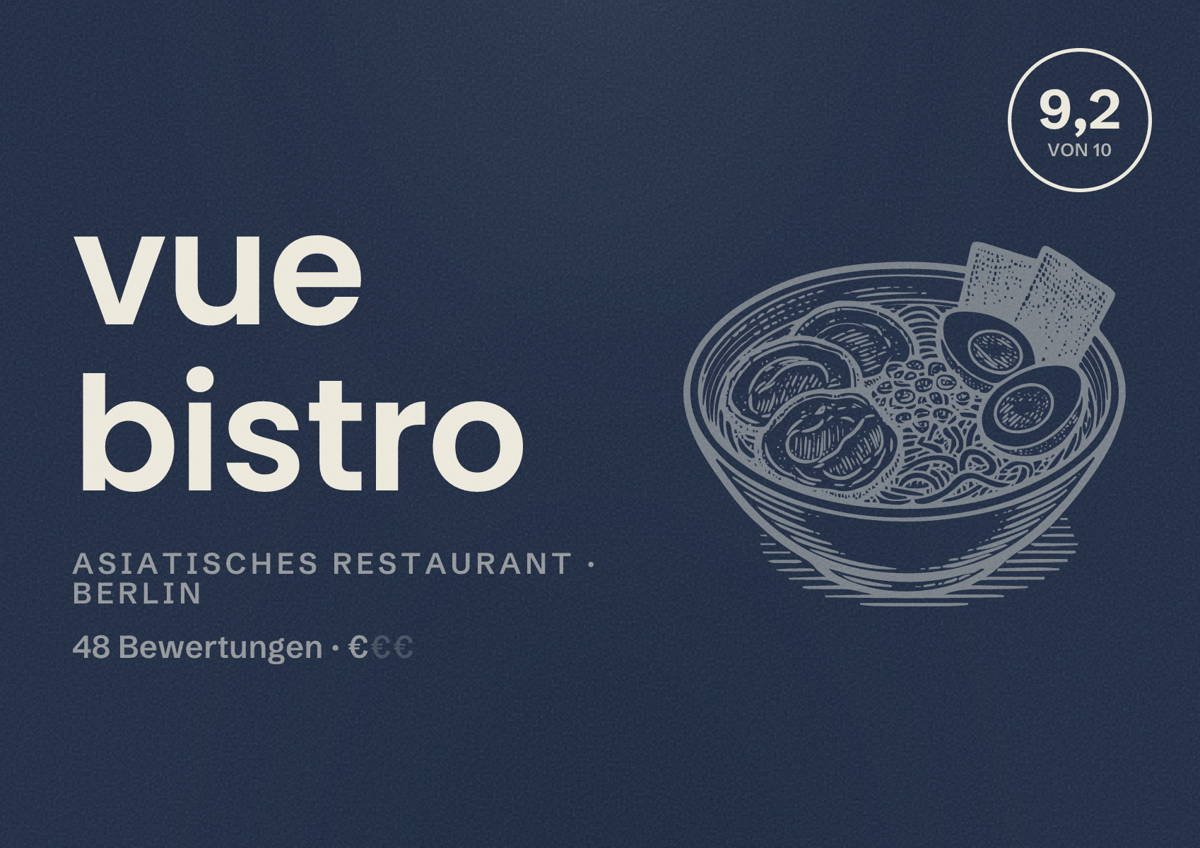 Illustriertes Poster von vue bistro, Asiatisches Restaurant in Berlin: Bewertung 9,2 von 10 aus 48 Bewertungen, Preisniveau €