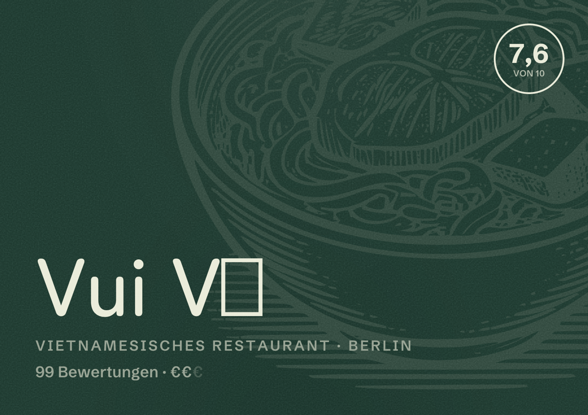 Illustriertes Poster von Vui Vẻ, Vietnamesisches Restaurant in Berlin: Bewertung 7,6 von 10 aus 99 Bewertungen, Preisniveau €€