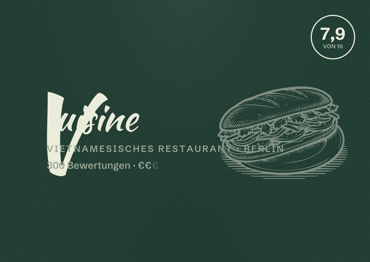 Illustriertes Poster von V‘uisine, Vietnamesisches Restaurant in Berlin: Bewertung 7,9 von 10 aus 300 Bewertungen, Preisniveau €€