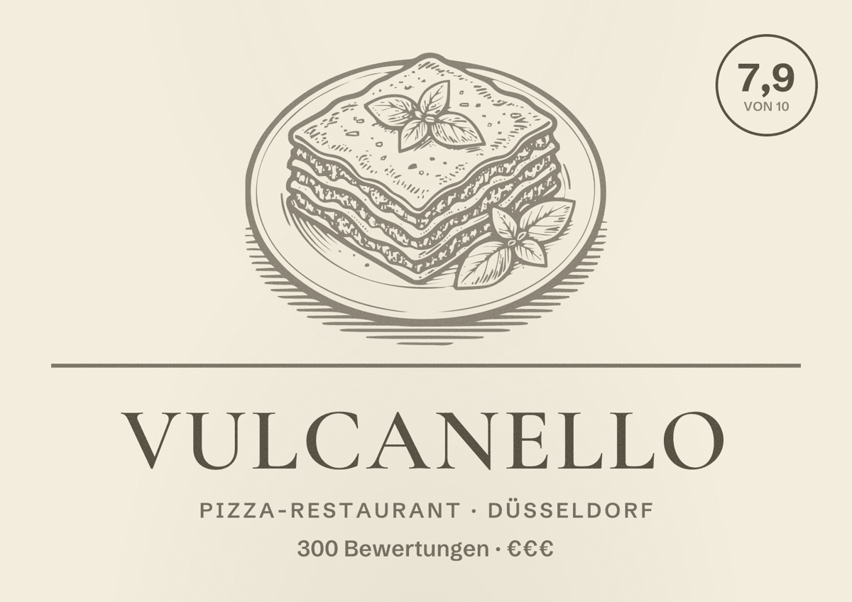Illustriertes Poster von Vulcanello, Pizza-Restaurant in Düsseldorf: Bewertung 7,9 von 10 aus 300 Bewertungen, Preisniveau €€€