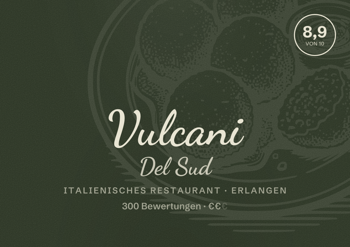 Illustriertes Poster von Vulcani Del Sud, Italienisches Restaurant in Erlangen: Bewertung 8,9 von 10 aus 300 Bewertungen, Preisniveau €€