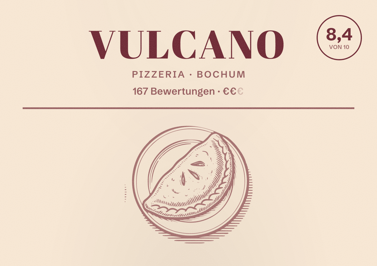 Illustriertes Poster von Vulcano, Pizzeria in Bochum: Bewertung 8,4 von 10 aus 167 Bewertungen, Preisniveau €€