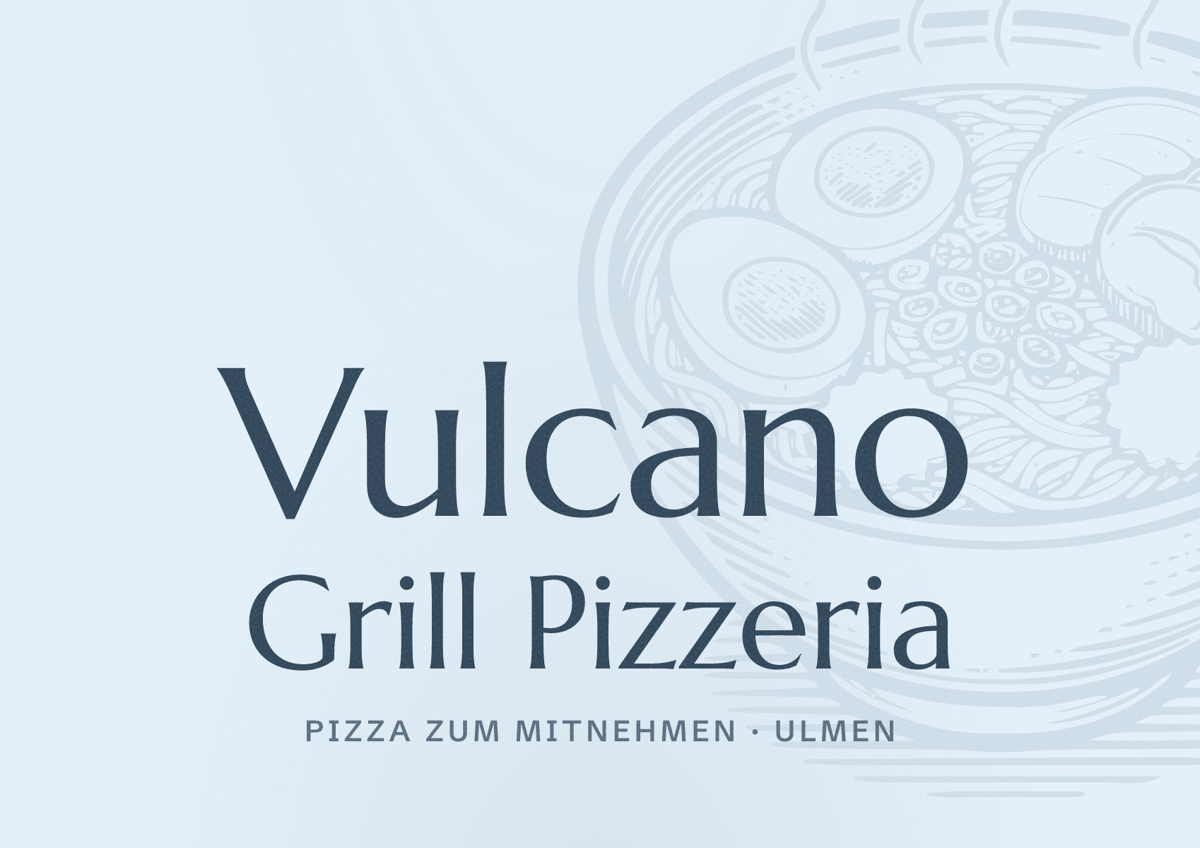 Illustriertes Poster von Vulcano Grill Pizzeria, Pizza zum Mitnehmen in Ulmen