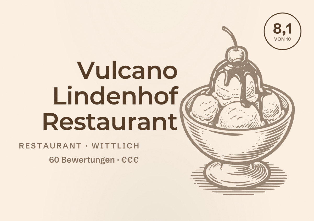 Illustriertes Poster von Vulcano Lindenhof Restaurant, Restaurant in Wittlich: Bewertung 8,1 von 10 aus 60 Bewertungen, Preisniveau €€€