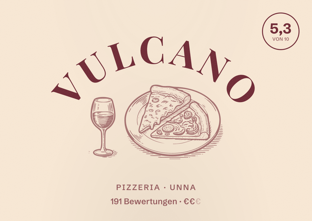 Illustriertes Poster von Vulcano, Pizzeria in Unna: Bewertung 5,3 von 10 aus 191 Bewertungen, Preisniveau €€