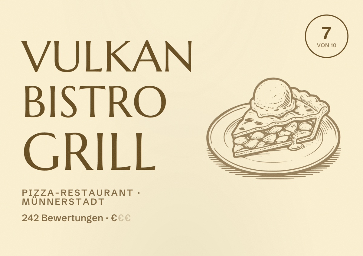 Illustriertes Poster von Vulkan Bistro Grill, Pizza-Restaurant in Münnerstadt: Bewertung 7 von 10 aus 242 Bewertungen, Preisniveau €