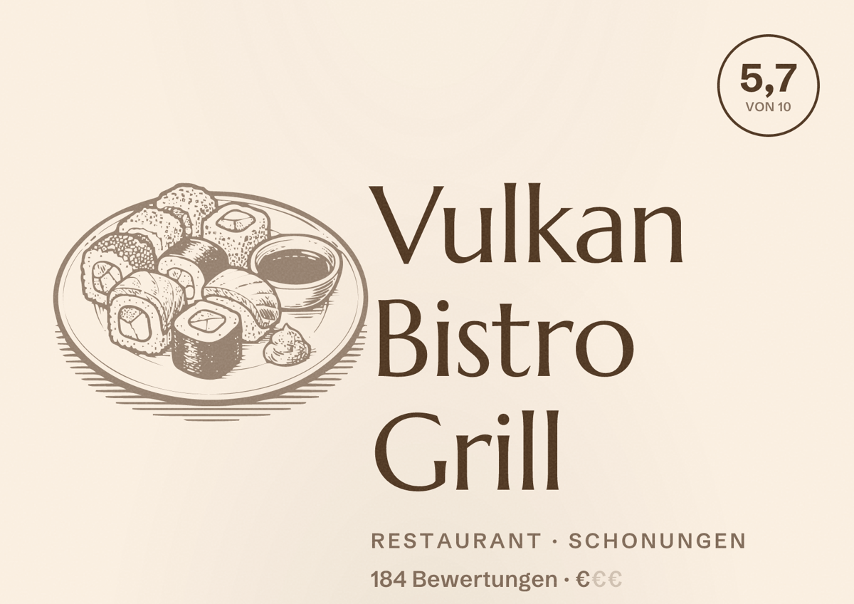 Illustriertes Poster von Vulkan Bistro Grill, Restaurant in Schonungen: Bewertung 5,7 von 10 aus 184 Bewertungen, Preisniveau €