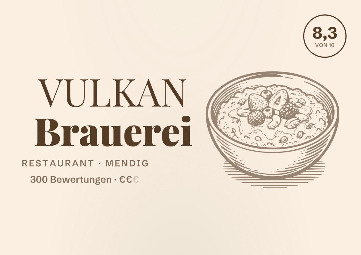 Illustriertes Poster von VULKAN Brauerei, Restaurant in Mendig: Bewertung 8,3 von 10 aus 300 Bewertungen, Preisniveau €€