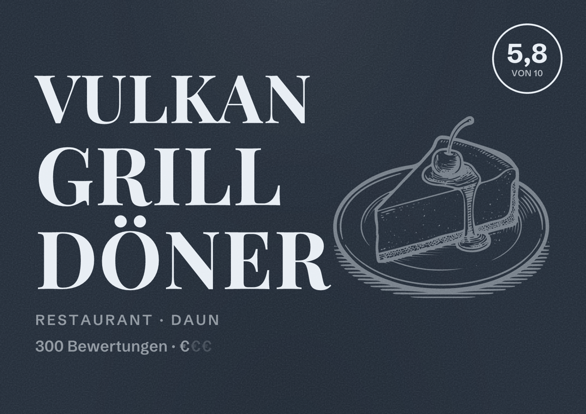 Illustriertes Poster von Vulkan Grill Döner, Restaurant in Daun: Bewertung 5,8 von 10 aus 300 Bewertungen, Preisniveau €