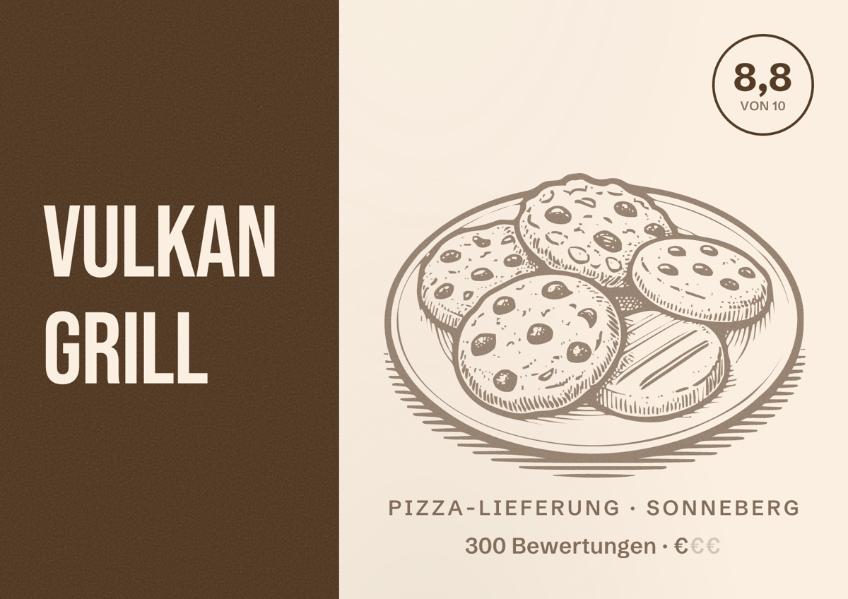 Illustriertes Poster von Vulkan Grill, Pizza-Lieferung in Sonneberg: Bewertung 8,8 von 10 aus 300 Bewertungen, Preisniveau €