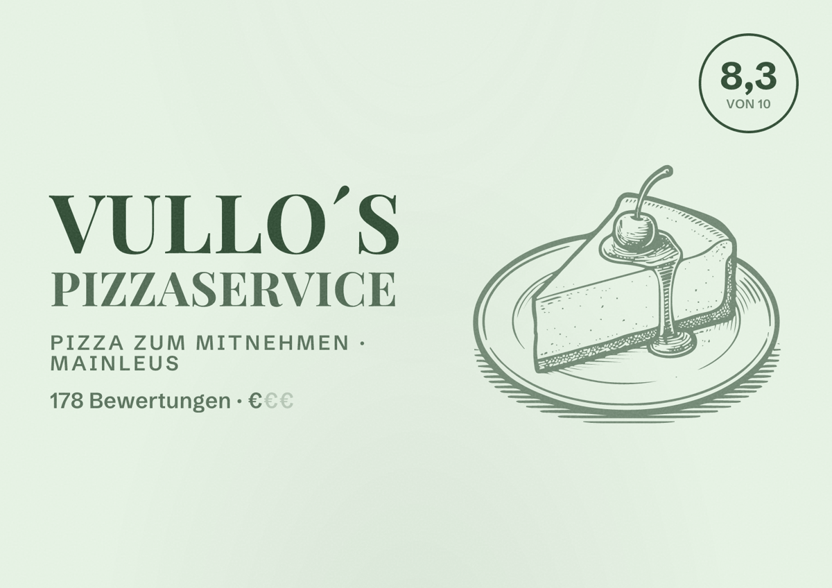 Illustriertes Poster von Vullo´s Pizzaservice, Pizza zum Mitnehmen in Mainleus: Bewertung 8,3 von 10 aus 178 Bewertungen, Preisniveau €
