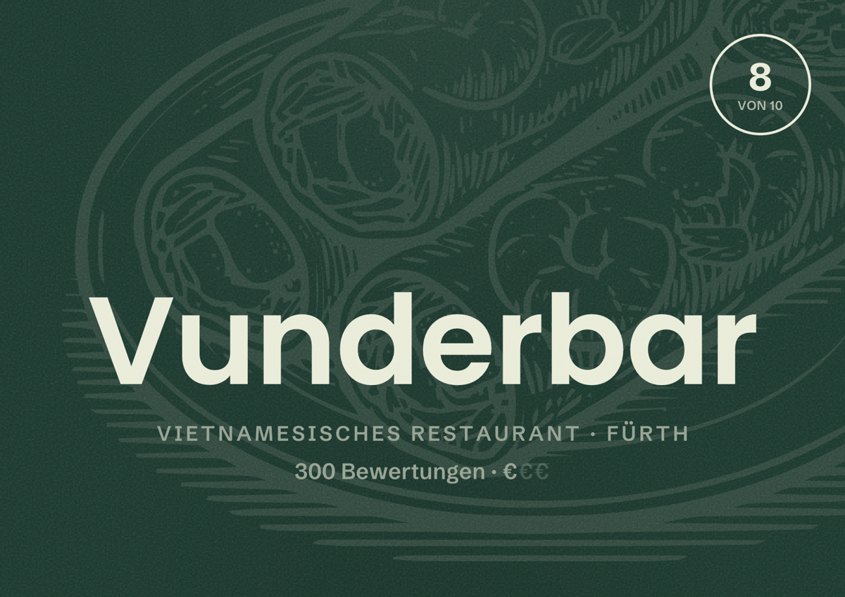 Illustriertes Poster von Vunderbar, Vietnamesisches Restaurant in Fürth: Bewertung 8 von 10 aus 300 Bewertungen, Preisniveau €