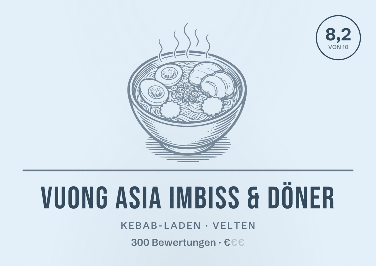Illustriertes Poster von Vuong Asia Imbiss & Döner, Kebab-Laden in Velten: Bewertung 8,2 von 10 aus 300 Bewertungen, Preisniveau €