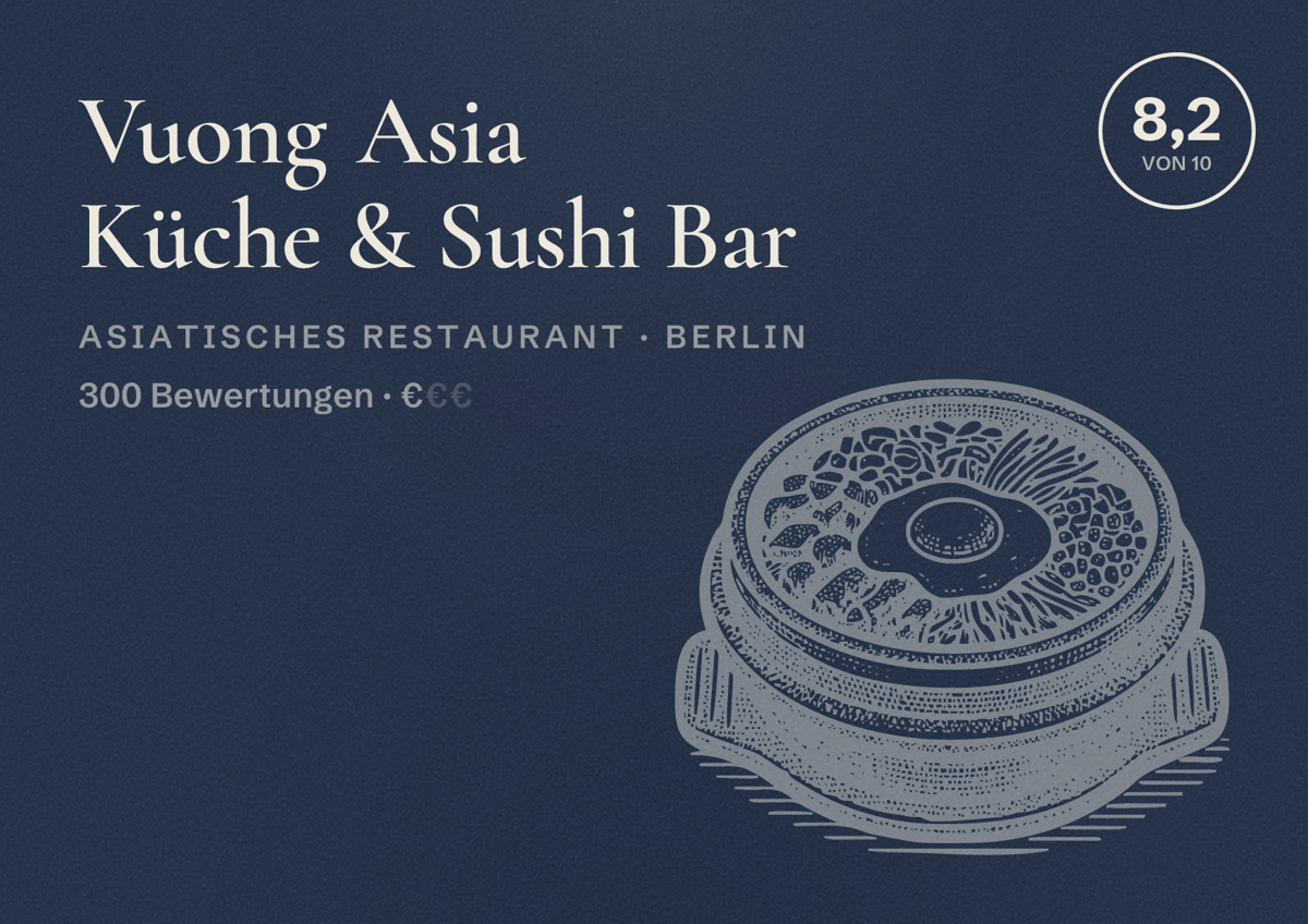 Illustriertes Poster von Vuong Asia Küche & Sushi Bar, Asiatisches Restaurant in Berlin: Bewertung 8,2 von 10 aus 300 Bewertungen, Preisniveau €