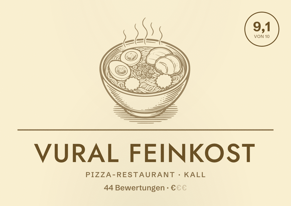 Illustriertes Poster von Vural Feinkost, Pizza-Restaurant in Kall: Bewertung 9,1 von 10 aus 44 Bewertungen, Preisniveau €