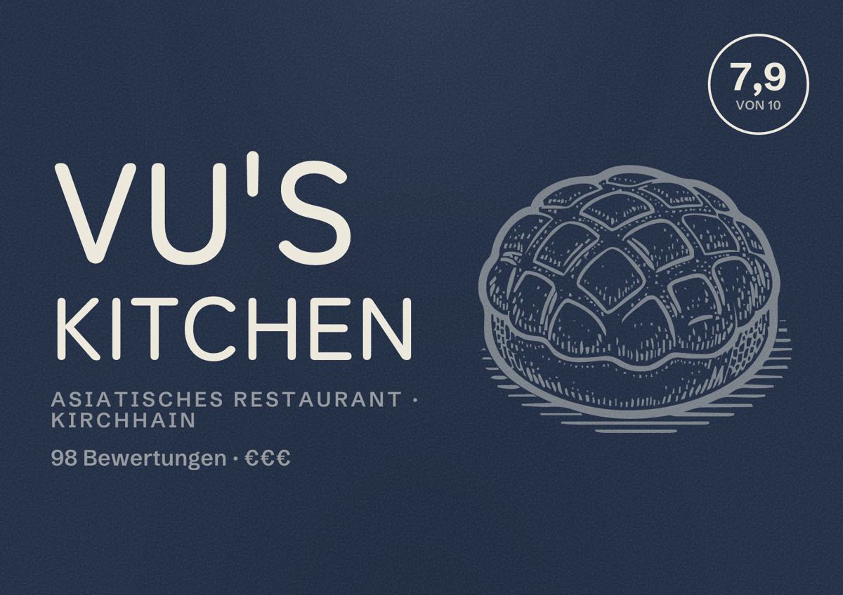 Illustriertes Poster von Vu's Kitchen, Asiatisches Restaurant in Kirchhain: Bewertung 7,9 von 10 aus 98 Bewertungen, Preisniveau €€€