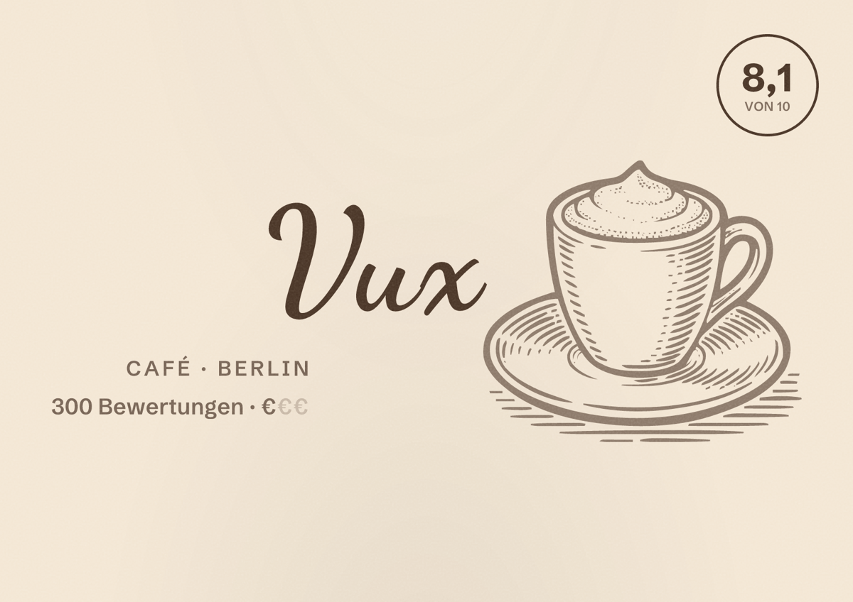 Illustriertes Poster von Vux, Café in Berlin: Bewertung 8,1 von 10 aus 300 Bewertungen, Preisniveau €