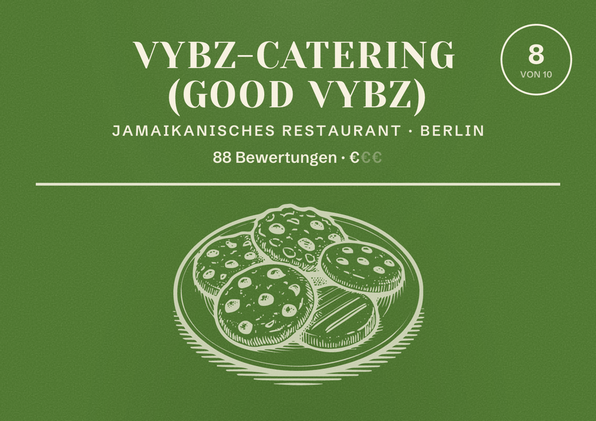 Illustriertes Poster von Vybz-Catering (Good Vybz), Jamaikanisches Restaurant in Berlin: Bewertung 8,0 von 10 aus 88 Bewertungen, Preisniveau €