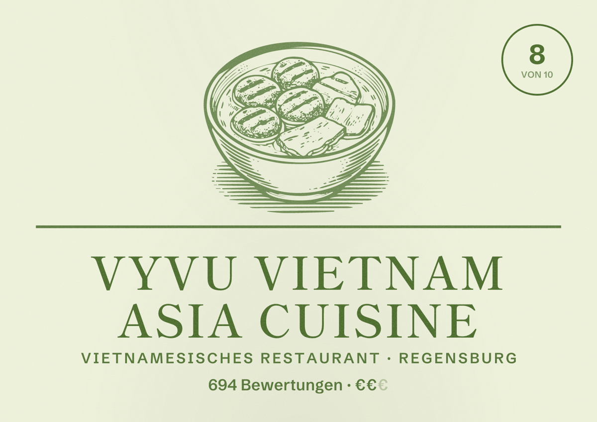 Illustriertes Poster von VyVu Vietnam Asia Cuisine, Vietnamesisches Restaurant in Regensburg: Gästebewertung 8,0 von 10 aus 694 Bewertungen