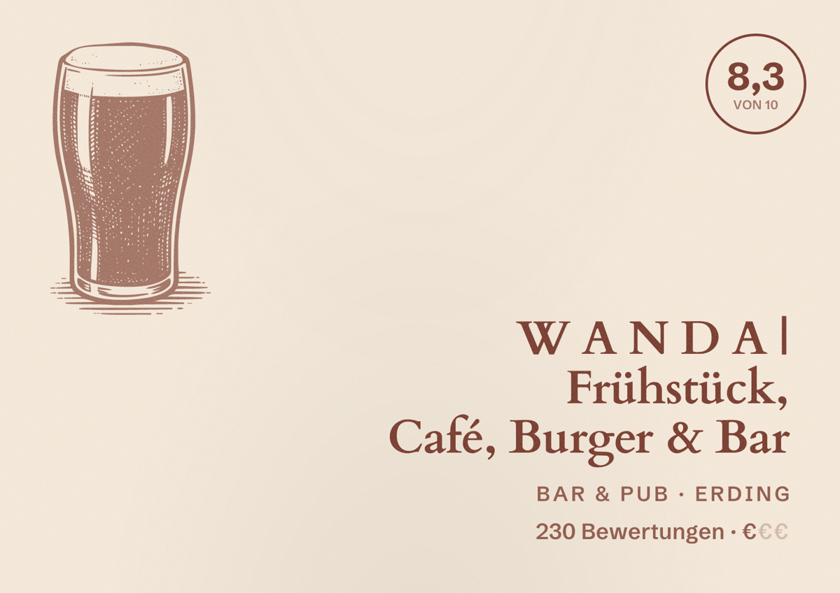 Illustriertes Poster von W A N D A | Frühstück, Café, Burger & Bar, Bar & Pub in Erding: Bewertung 8,3 von 10 aus 230 Bewertungen, Preisniveau €
