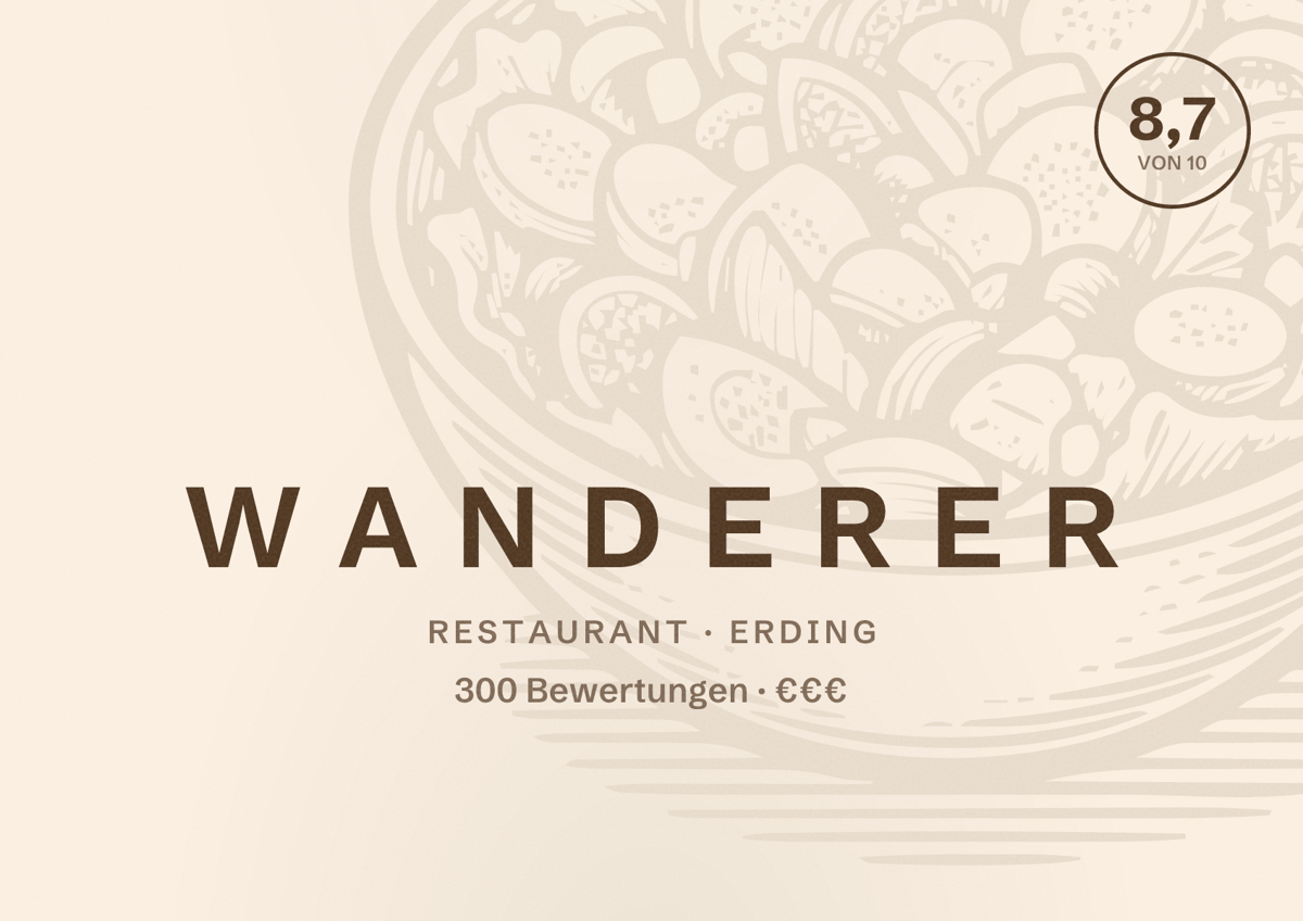 Illustriertes Poster von W A N D E R E R, Restaurant in Erding: Bewertung 8,7 von 10 aus 300 Bewertungen, Preisniveau €€€