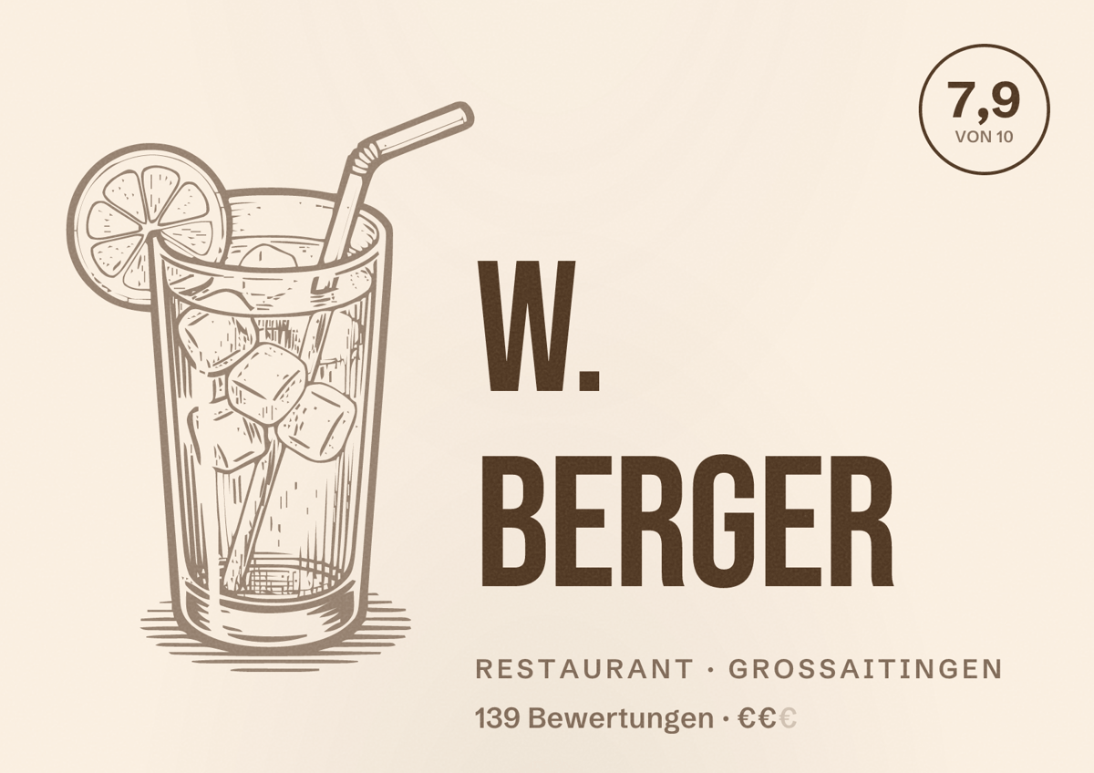 Illustriertes Poster von W. Berger, Restaurant in Großaitingen: Bewertung 7,9 von 10 aus 139 Bewertungen, Preisniveau €€