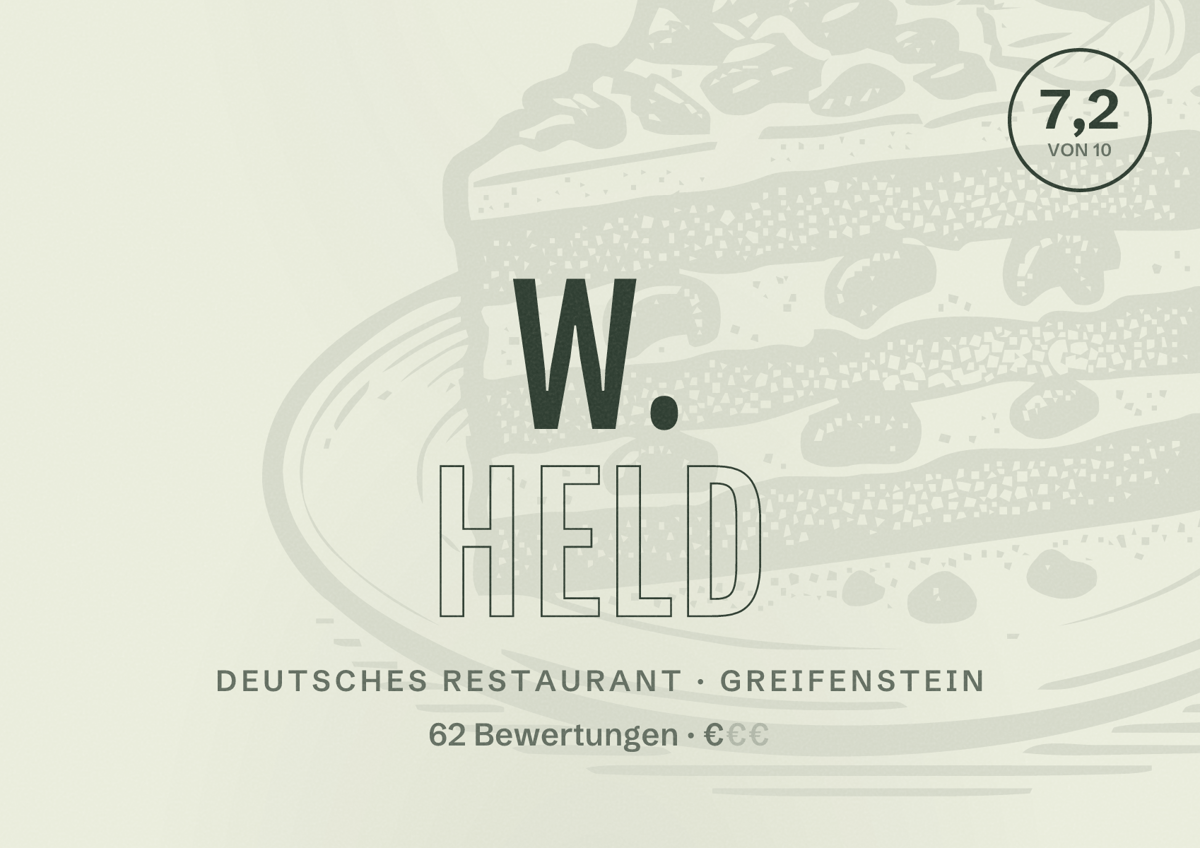 Illustriertes Poster von W. Held, Deutsches Restaurant in Greifenstein: Bewertung 7,2 von 10 aus 62 Bewertungen, Preisniveau €