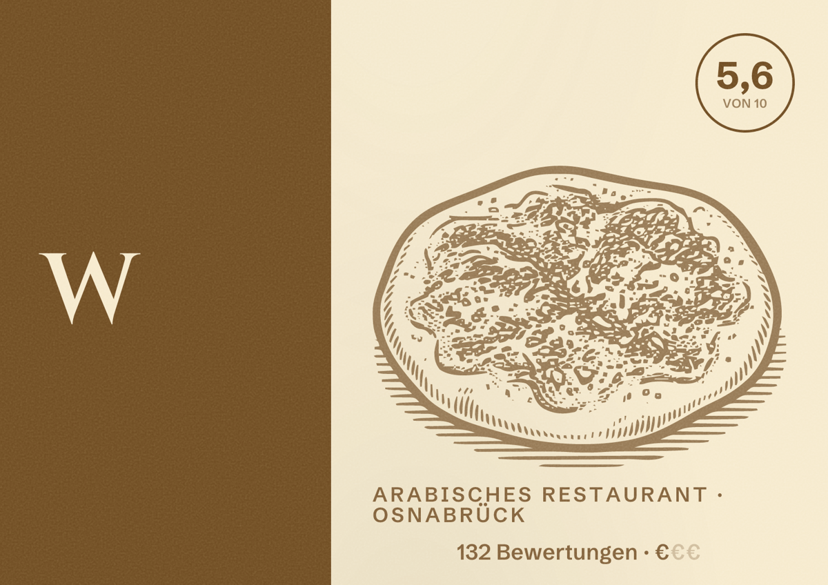 Illustriertes Poster von W, Arabisches Restaurant in Osnabrück: Bewertung 5,6 von 10 aus 132 Bewertungen, Preisniveau €