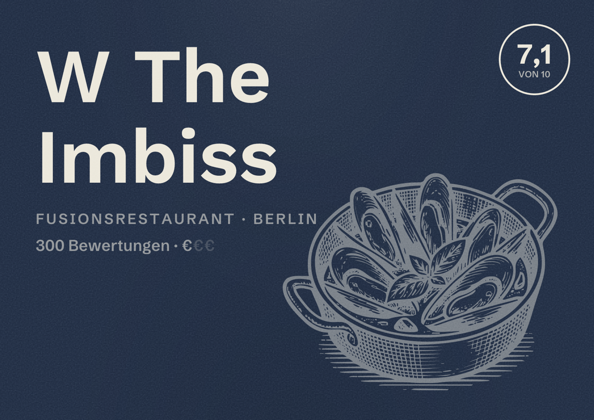 Illustriertes Poster von W The Imbiss, Fusionsrestaurant in Berlin: Bewertung 7,1 von 10 aus 300 Bewertungen, Preisniveau €
