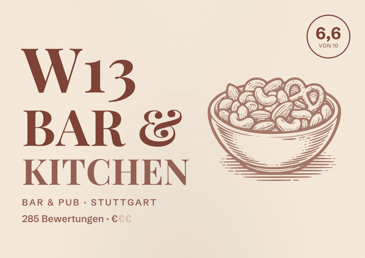 Illustriertes Poster von W13 Bar & Kitchen, Bar & Pub in Stuttgart: Bewertung 6,6 von 10 aus 285 Bewertungen, Preisniveau €