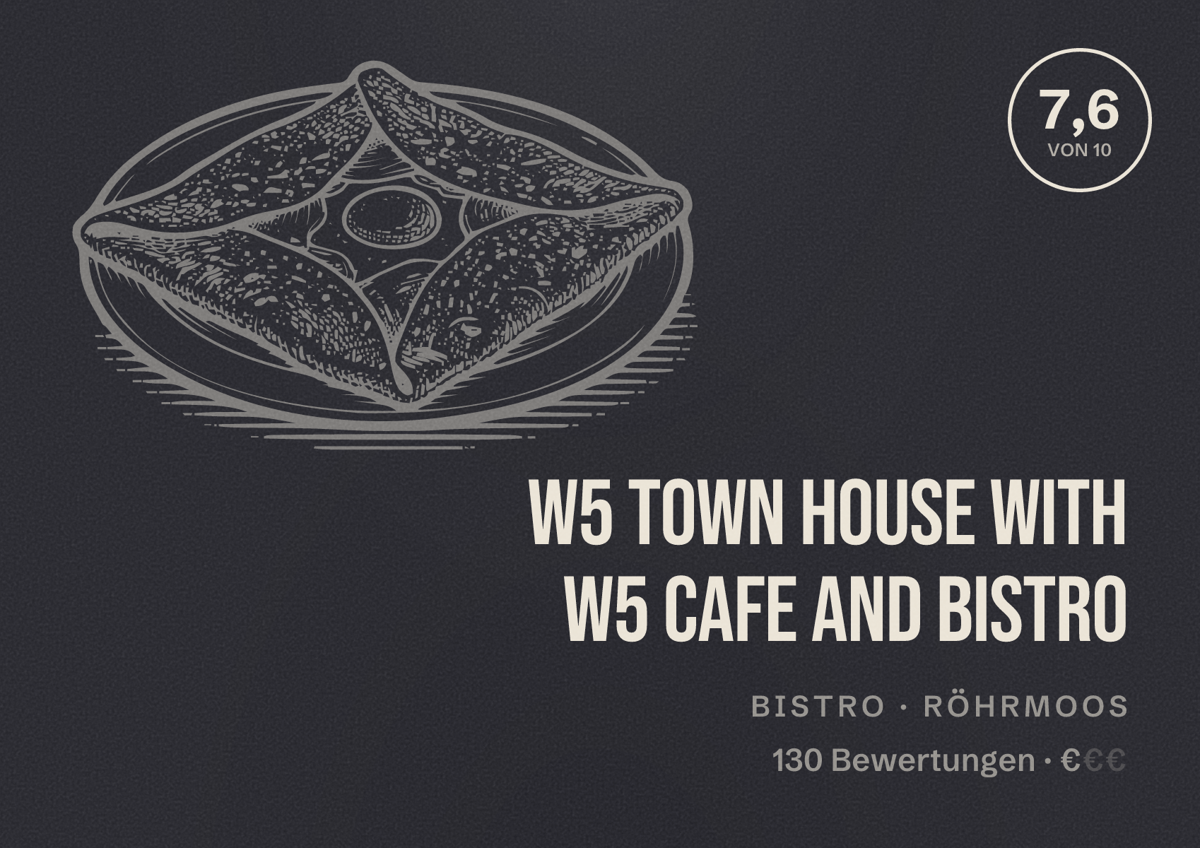 Illustriertes Poster von W5 town house with W5 Cafe and Bistro, Bistro in Röhrmoos: Bewertung 7,6 von 10 aus 130 Bewertungen, Preisniveau €
