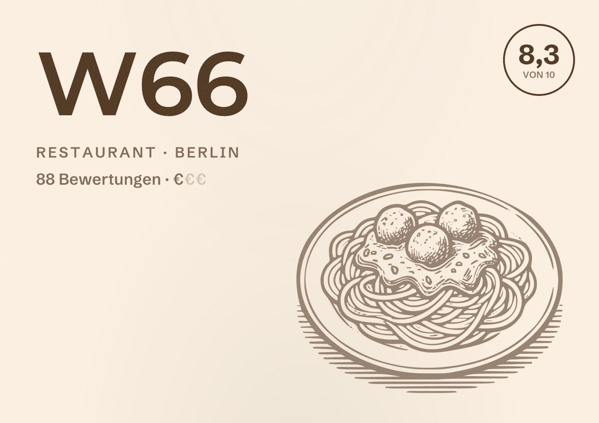 Illustriertes Poster von W66, Restaurant in Berlin: Bewertung 8,3 von 10 aus 88 Bewertungen, Preisniveau €