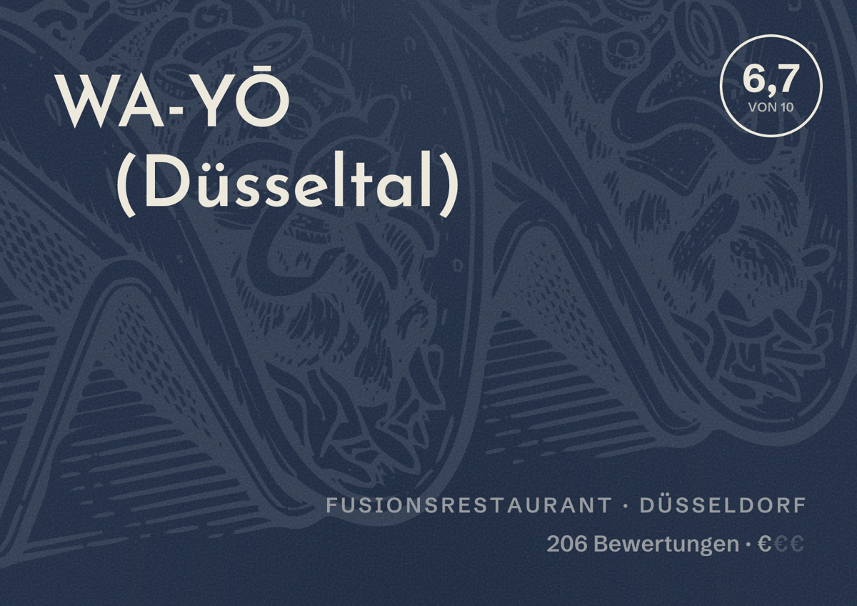 Illustriertes Poster von WA-YŌ (Düsseltal), Fusionsrestaurant in Düsseldorf: Bewertung 6,7 von 10 aus 206 Bewertungen, Preisniveau €