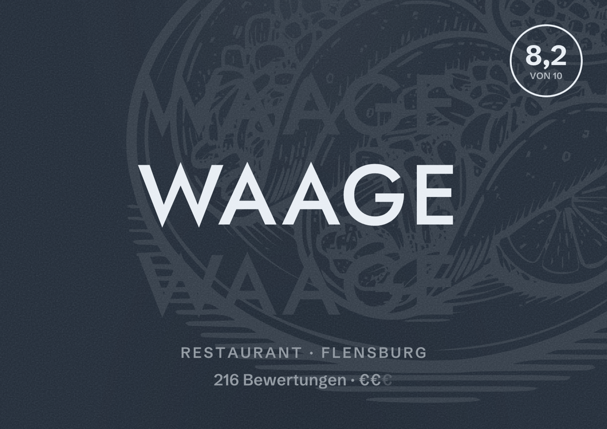 Illustriertes Poster von Waage, Restaurant in Flensburg: Bewertung 8,2 von 10 aus 216 Bewertungen, Preisniveau €€