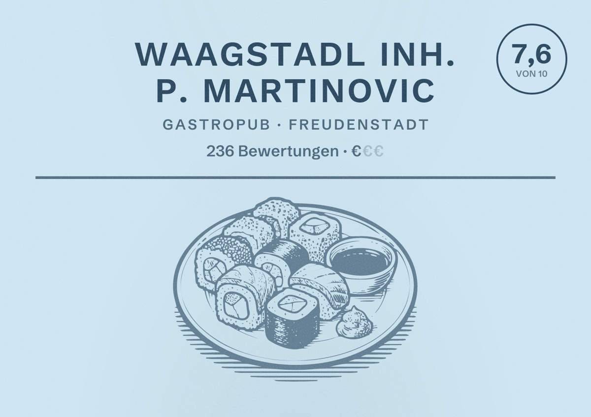 Illustriertes Poster von Waagstadl Inh. P. Martinovic, Gastropub in Freudenstadt: Bewertung 7,6 von 10 aus 236 Bewertungen, Preisniveau €