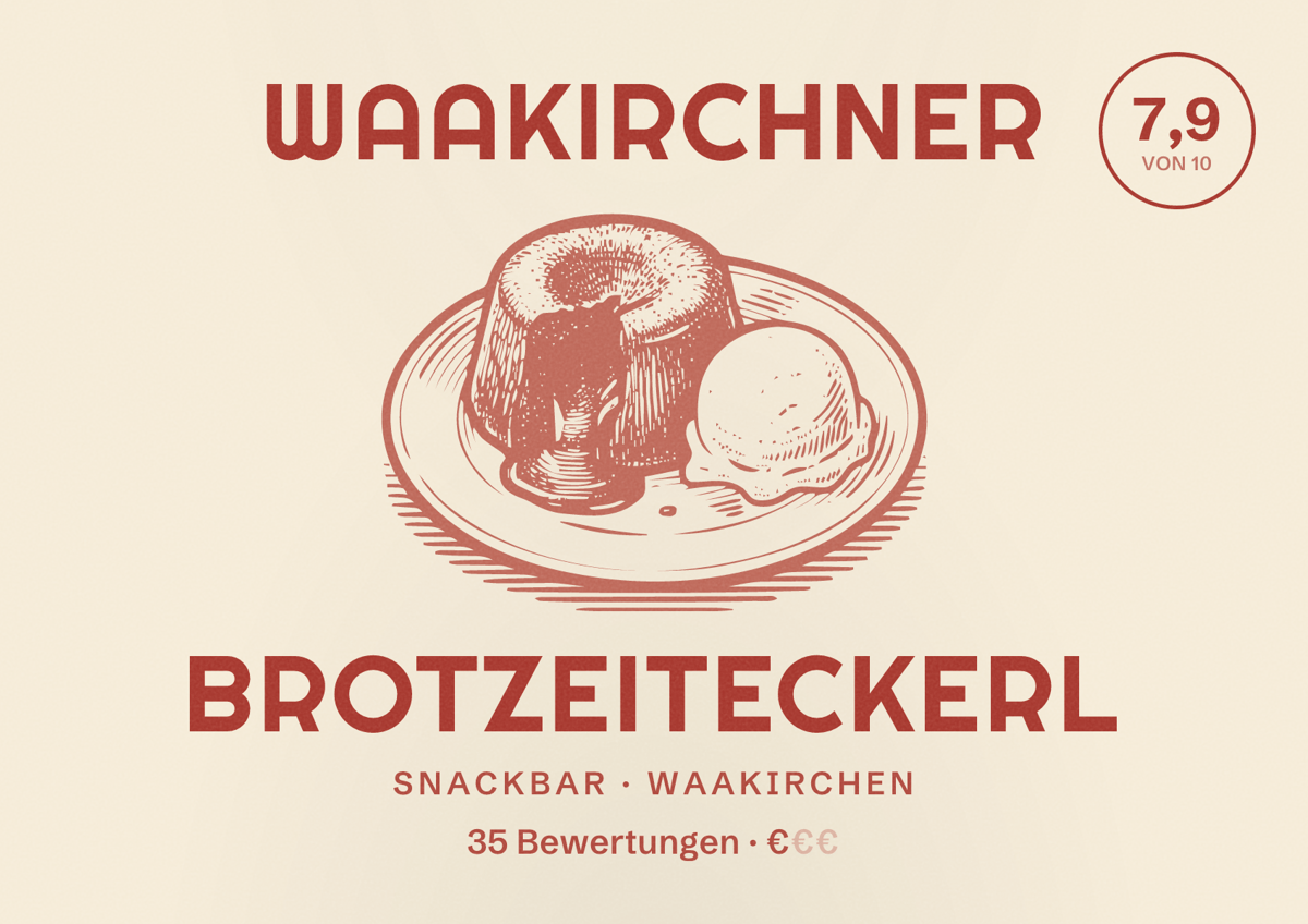 Illustriertes Poster von Waakirchner Brotzeiteckerl, Snackbar in Waakirchen: Bewertung 7,9 von 10 aus 35 Bewertungen, Preisniveau €