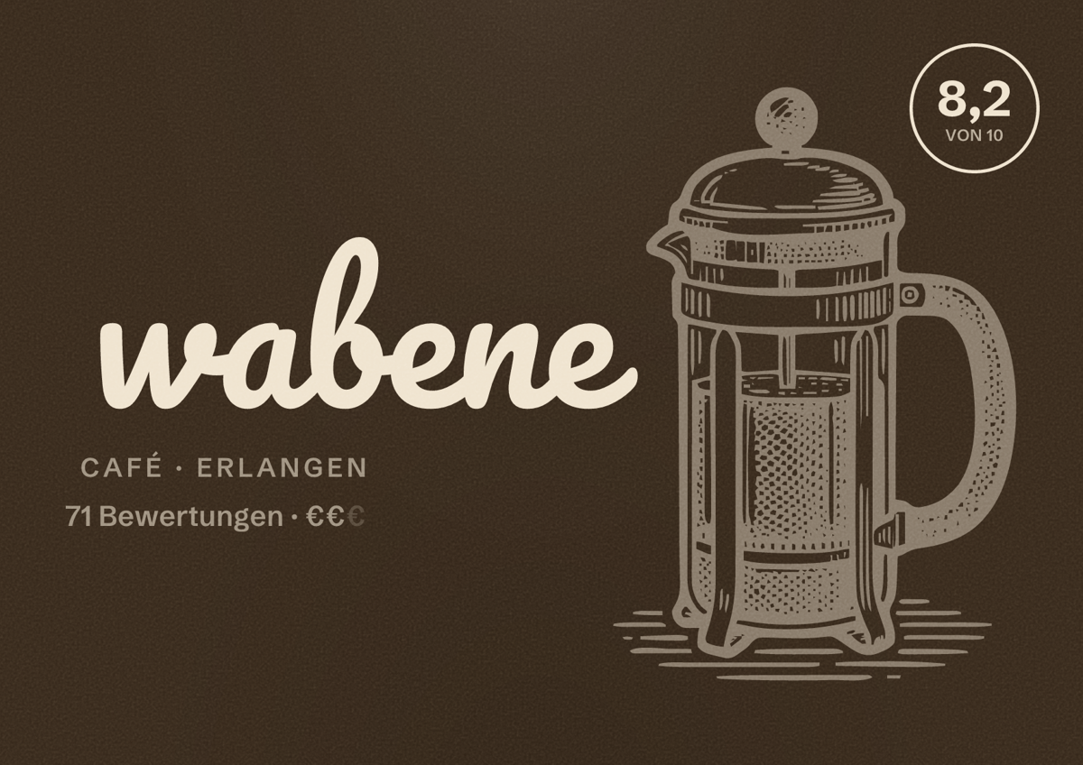 Illustriertes Poster von wabene, Café in Erlangen: Bewertung 8,2 von 10 aus 71 Bewertungen, Preisniveau €€