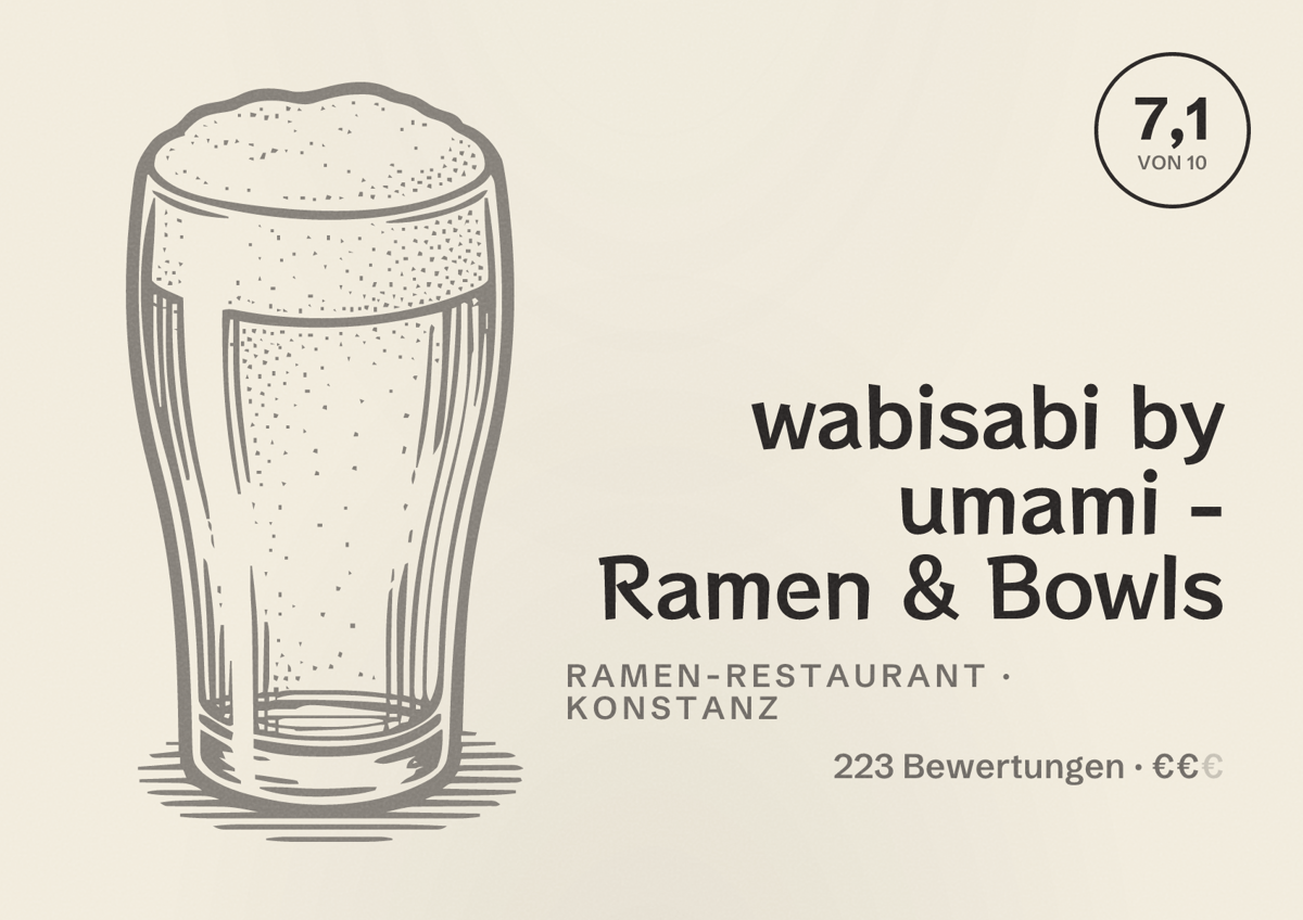 Illustriertes Poster von wabisabi by umami - Ramen & Bowls, Ramen-Restaurant in Konstanz: Bewertung 7,1 von 10 aus 223 Bewertungen, Preisniveau €€