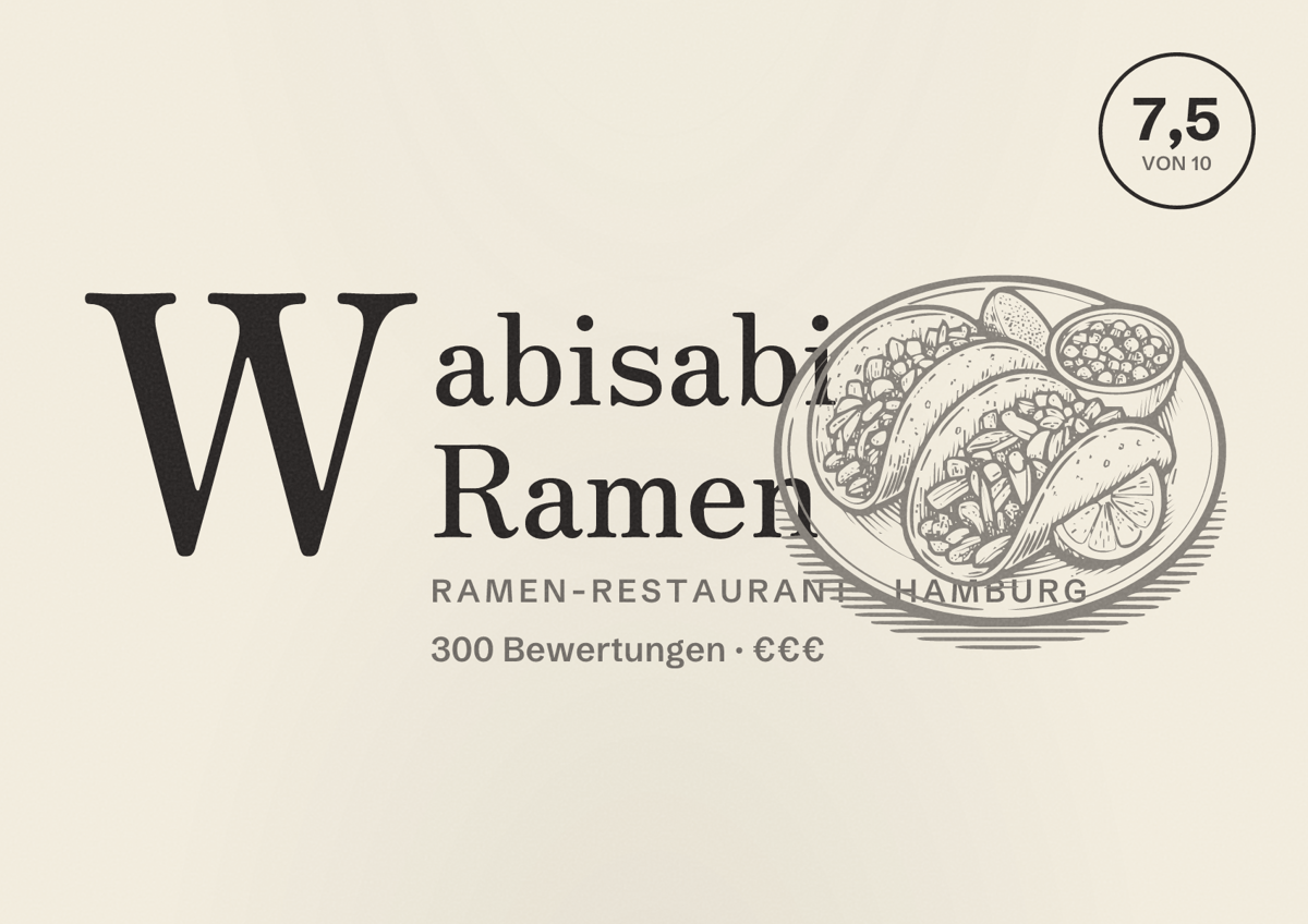 Illustriertes Poster von Wabisabi Ramen, Ramen-Restaurant in Hamburg: Bewertung 7,5 von 10 aus 300 Bewertungen, Preisniveau €€€