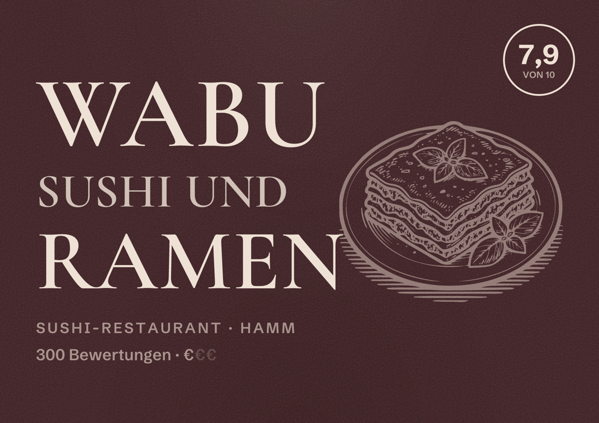 Illustriertes Poster von Wabu Sushi Und Ramen, Sushi-Restaurant in Hamm: Bewertung 7,9 von 10 aus 300 Bewertungen, Preisniveau €