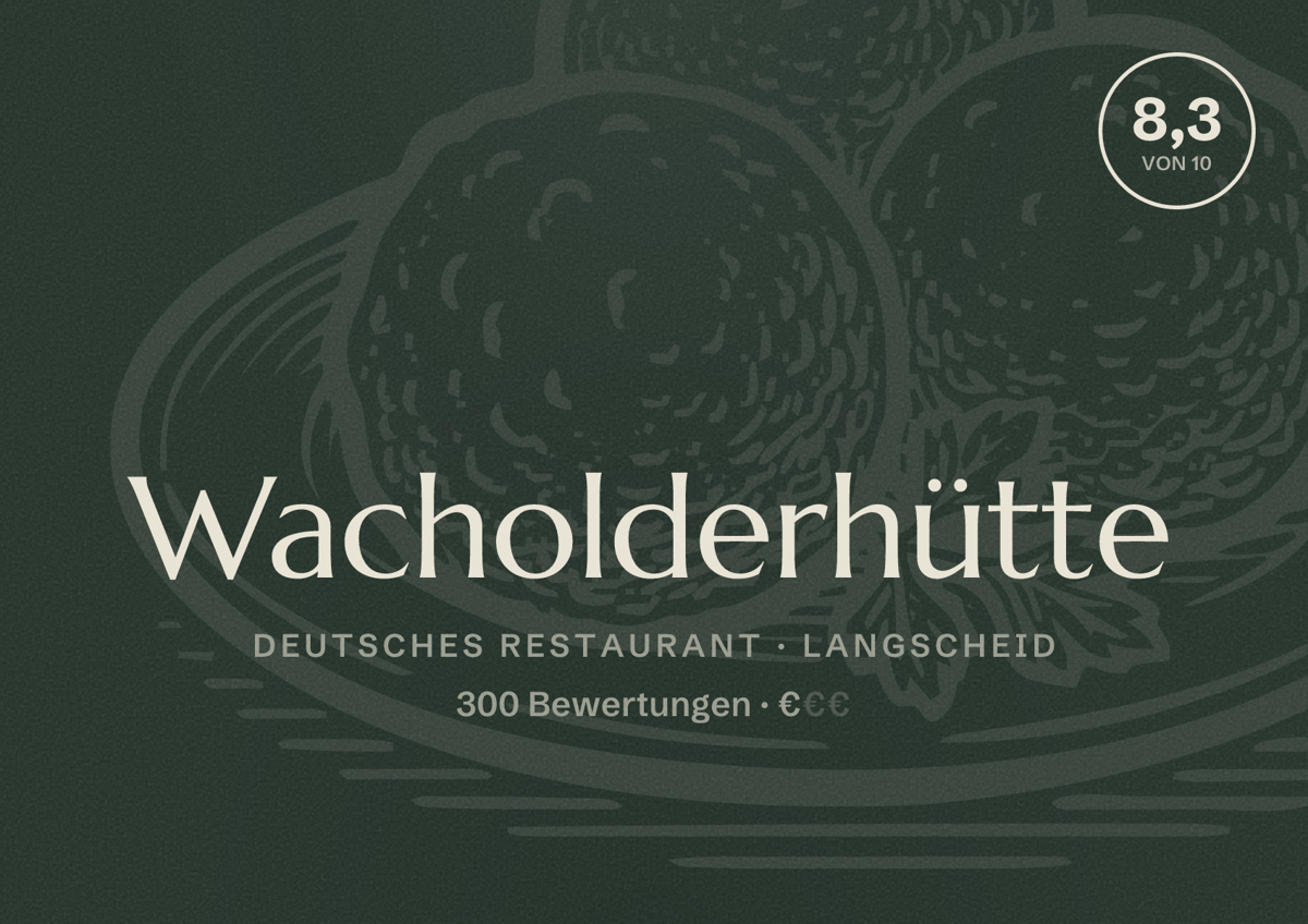 Illustriertes Poster von Wacholderhütte, Deutsches Restaurant in Langscheid: Bewertung 8,3 von 10 aus 300 Bewertungen, Preisniveau €