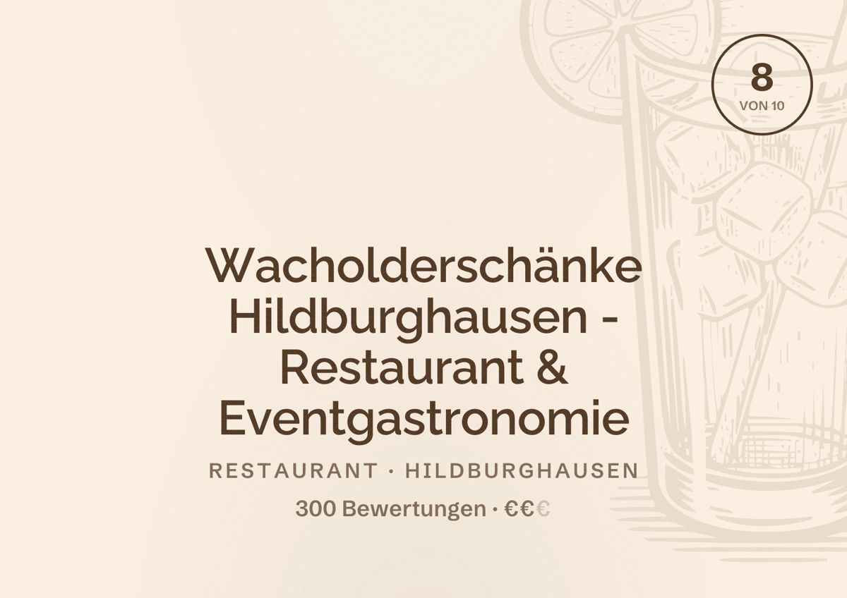 Illustriertes Poster von Wacholderschänke Hildburghausen - Restaurant & Eventgastronomie, Restaurant in Hildburghausen: Bewertung 8 von 10 aus 300 Bewertungen, Preisniveau €€