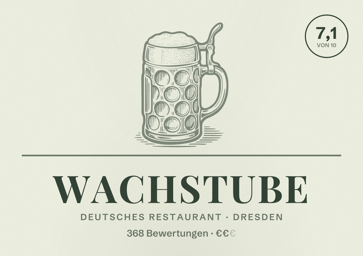 Illustriertes Poster von Wachstube, Deutsches Restaurant in Dresden: Bewertung 7,1 von 10 aus 368 Bewertungen, Preisniveau €€