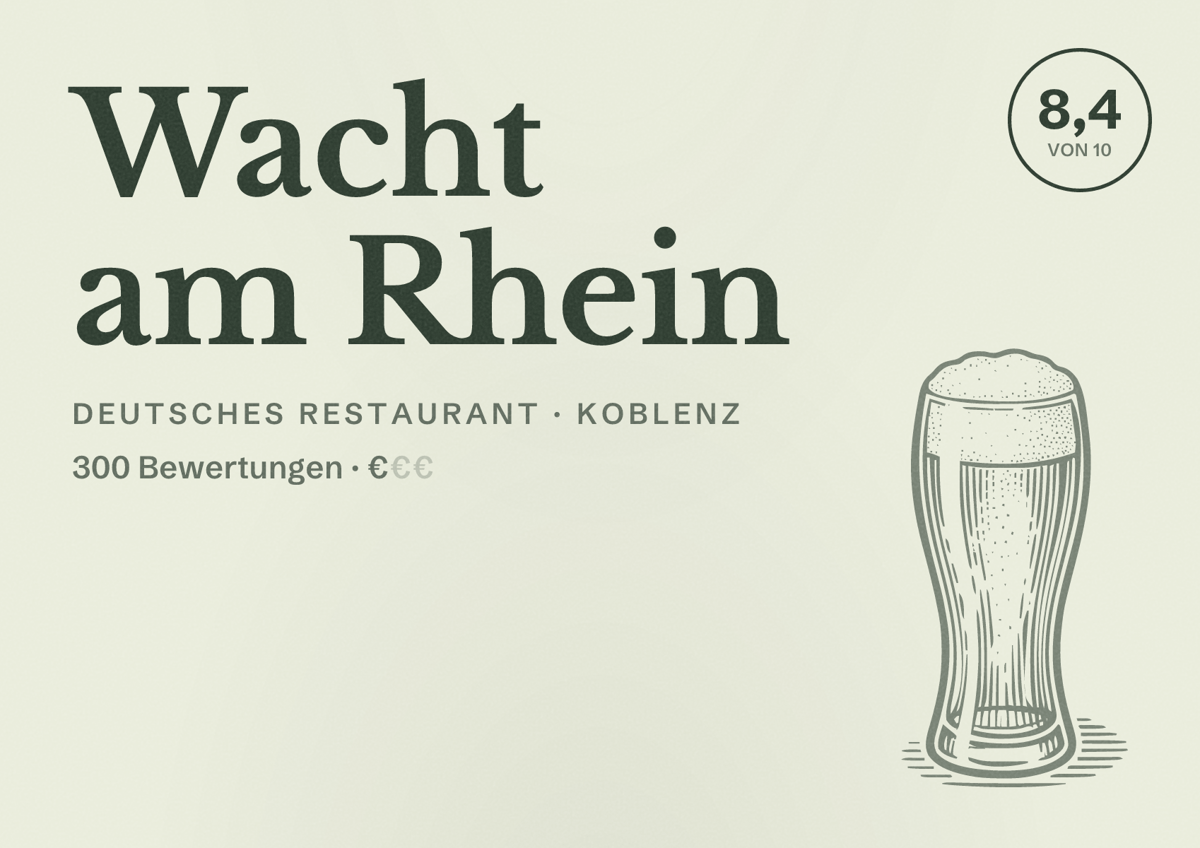 Illustriertes Poster von Wacht am Rhein, Deutsches Restaurant in Koblenz: Bewertung 8,4 von 10 aus 300 Bewertungen, Preisniveau €