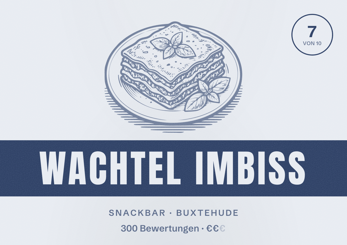 Illustriertes Poster von Wachtel Imbiss, Snackbar in Buxtehude: Bewertung 7 von 10 aus 300 Bewertungen, Preisniveau €€