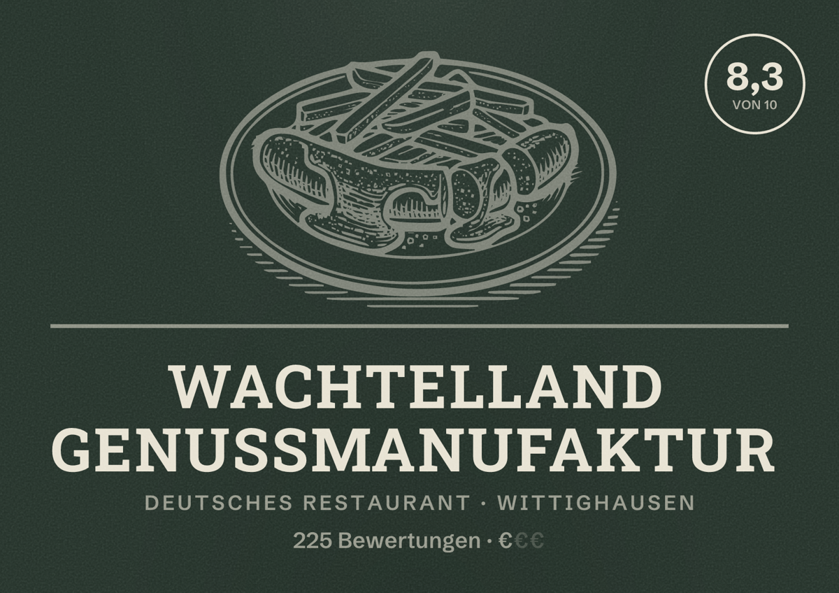 Illustriertes Poster von Wachtelland Genussmanufaktur, Deutsches Restaurant in Wittighausen: Bewertung 8,3 von 10 aus 225 Bewertungen, Preisniveau €