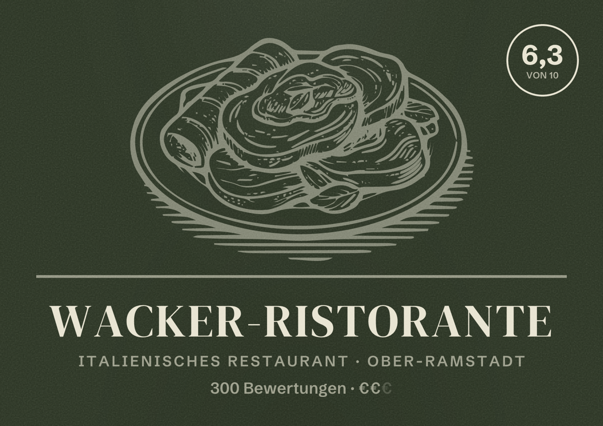 Illustriertes Poster von Wacker-Ristorante, Italienisches Restaurant in Ober-Ramstadt: Bewertung 6,3 von 10 aus 300 Bewertungen, Preisniveau €€